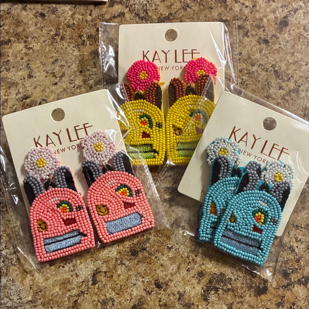 Beaded 🎒 Earrings - Pink, Yellow, and Blue Set